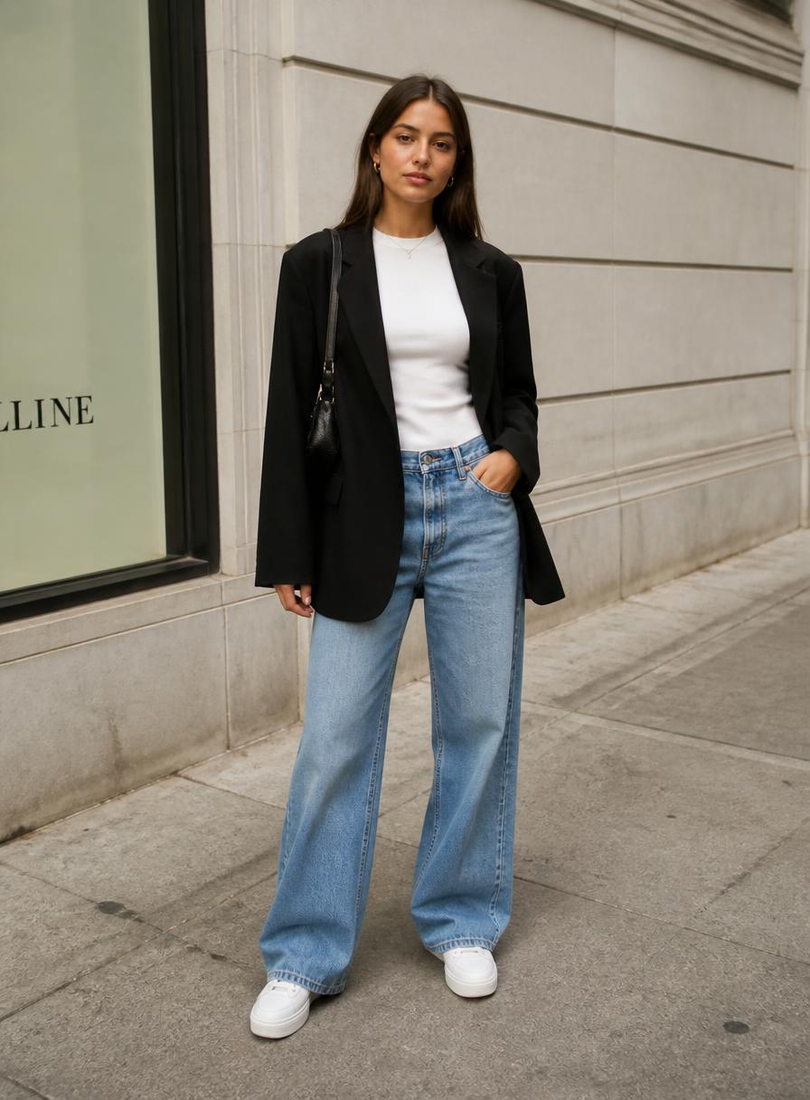 Street style look: black oversized blazer, wide-leg jeans and white sneakers